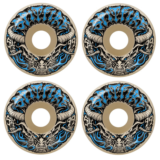 Four skateboard wheels with dragon design and blue flames on a white background