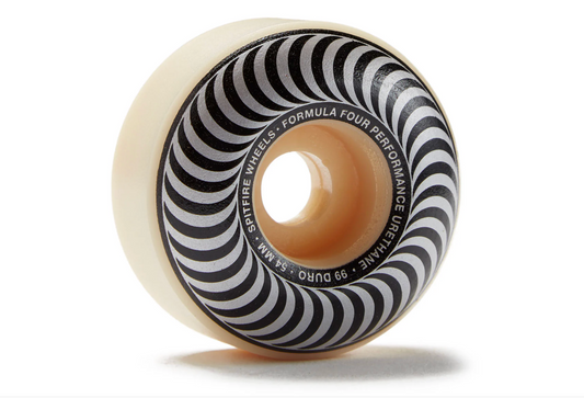 Skateboard wheel with black and white striped pattern on a white background