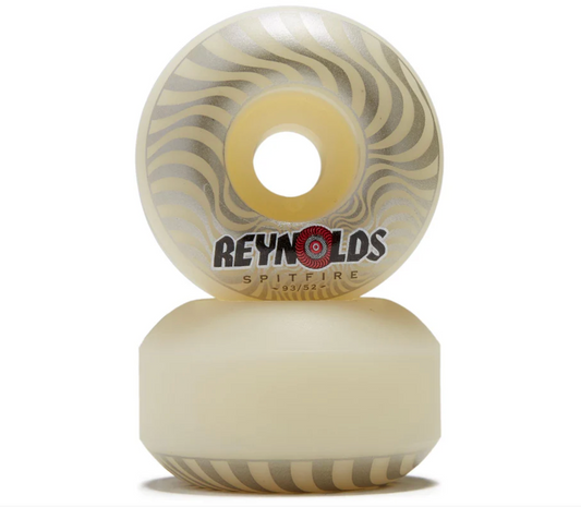 Two Reynolds Spitfire skateboard wheels stacked on a white background