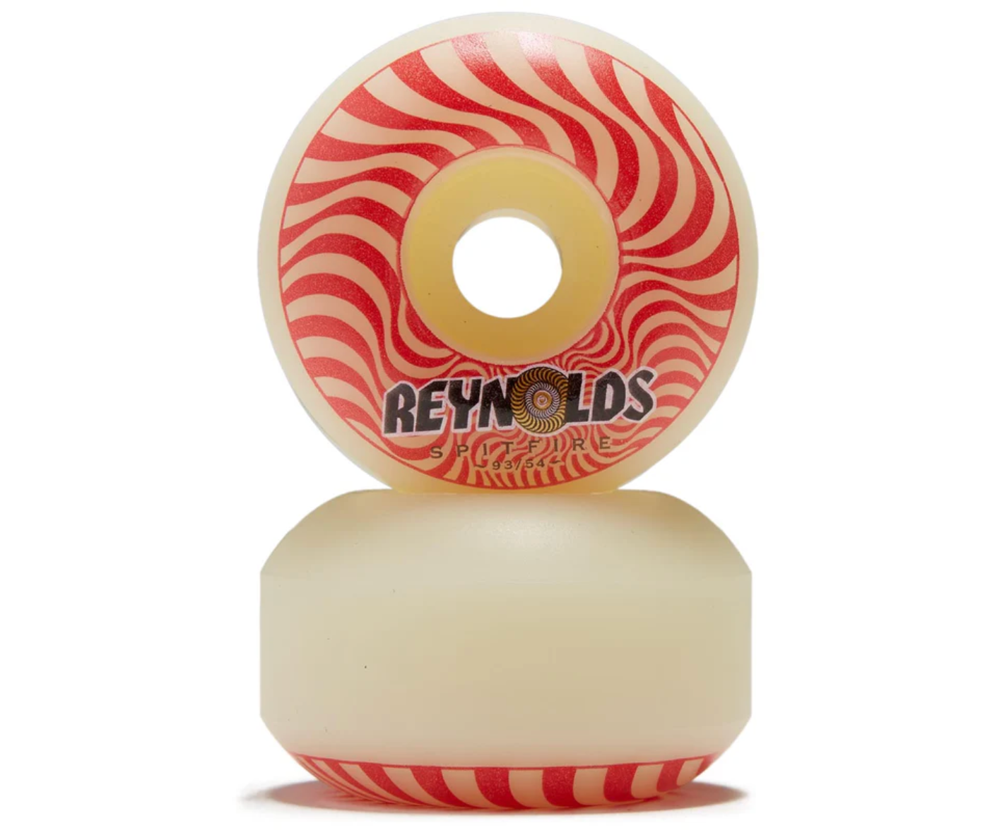 Skateboard wheels with red and white striped design and Reynolds logo on a white background