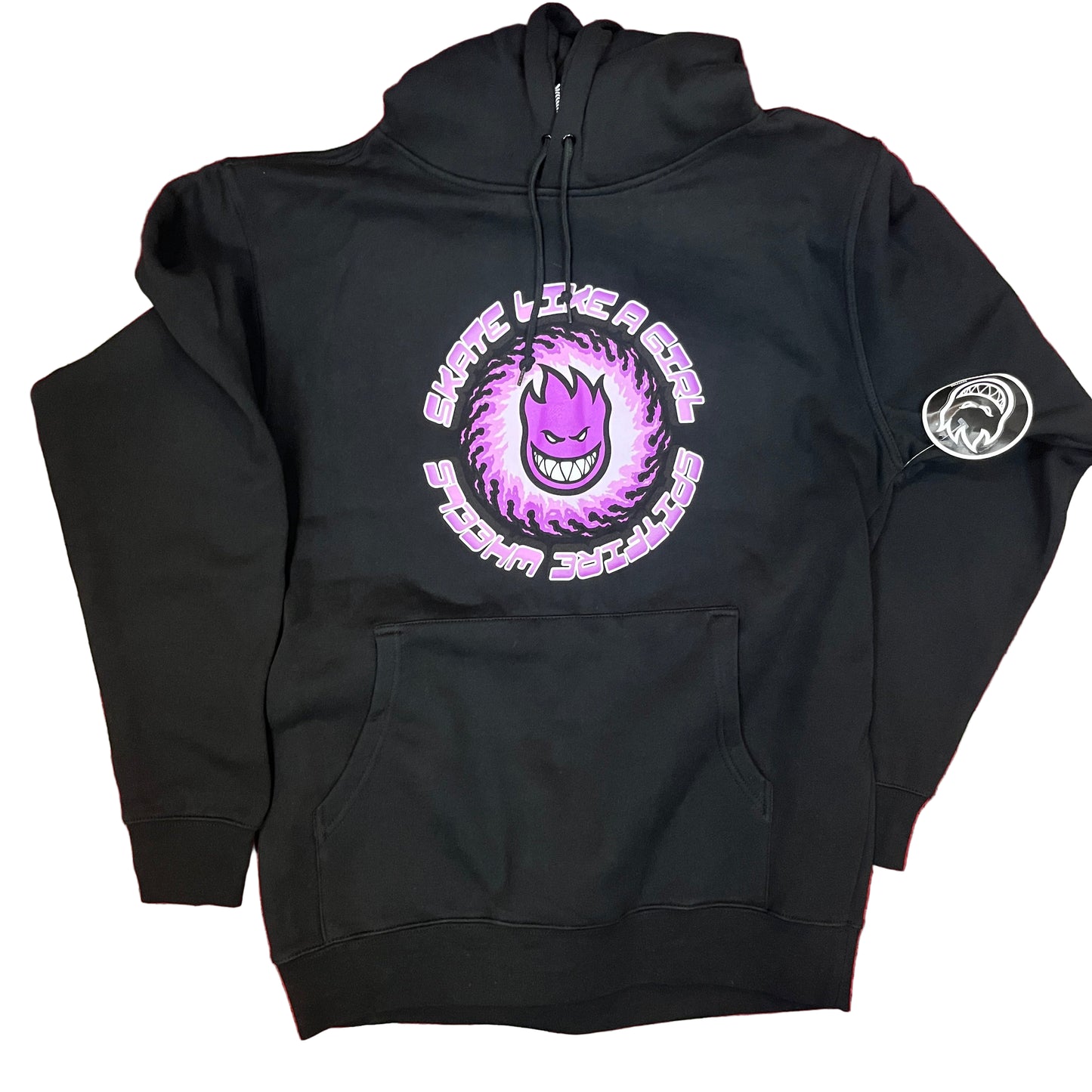 Black hoodie with a purple and white logo on a red and beige checkered background