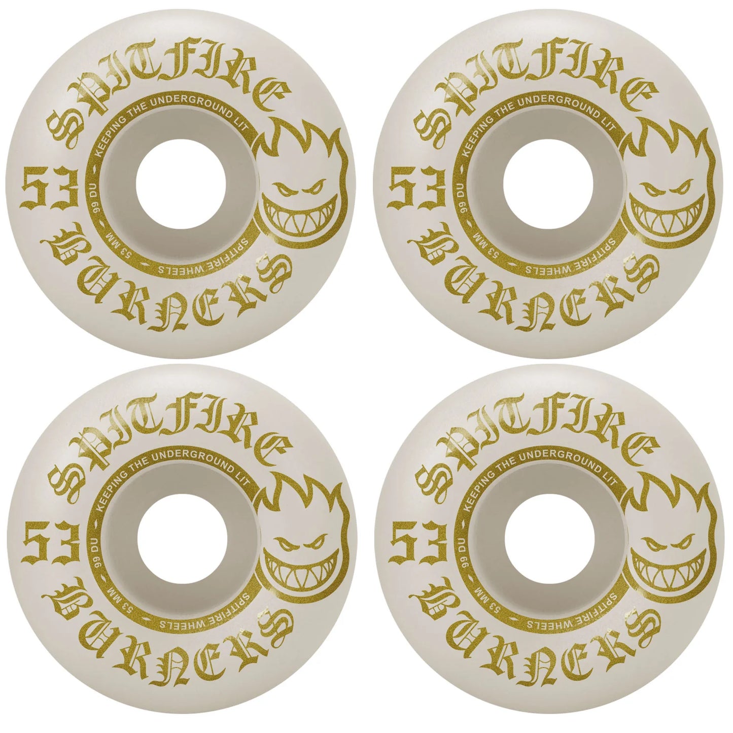Four Spitfire skateboard wheels with gold and black text on a white background