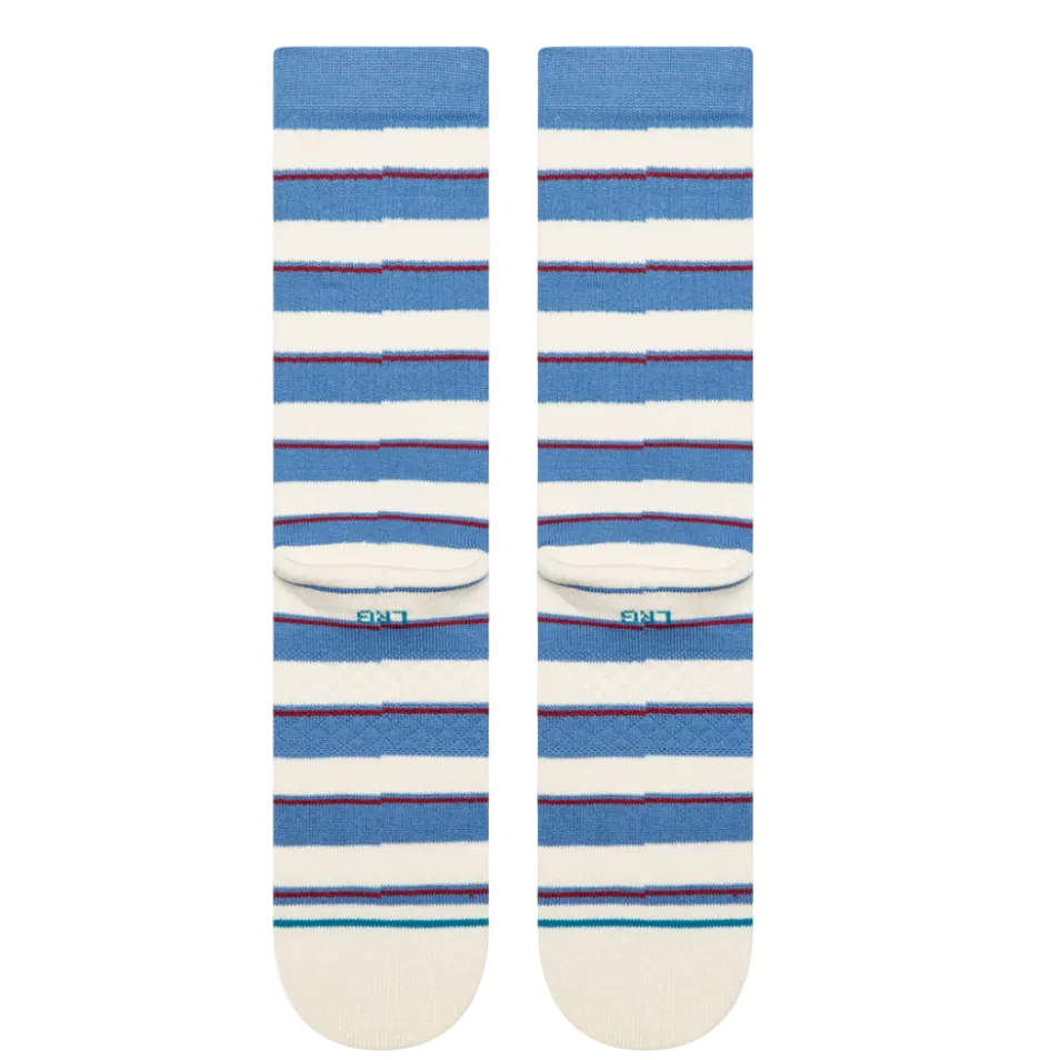 Pair of blue and white striped socks on a white background
