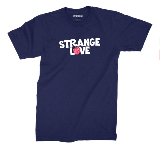Strangelove Cereal Logo T Shirt Dark Navy Strangelove written in white on Navy tee with a pink skull for the O in LOVE