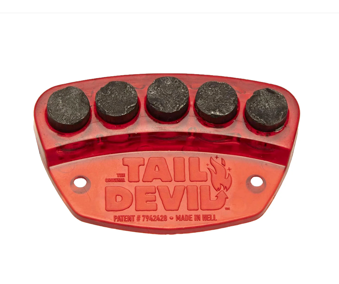 Red tool with five black stones on a white background, branded 'Tail Devil'.