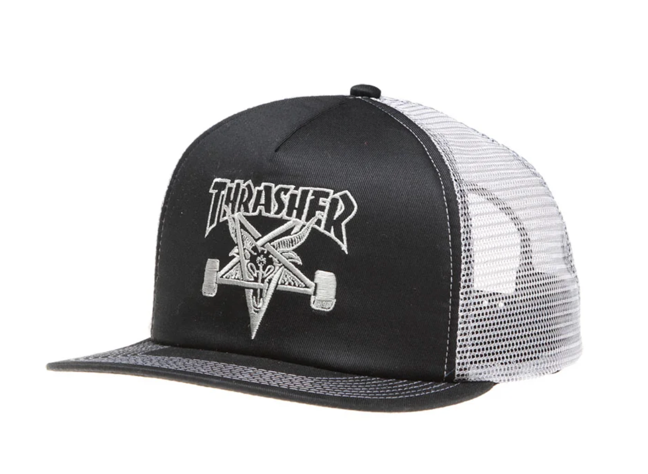 Black and white cap with Thrasher logo on a white background