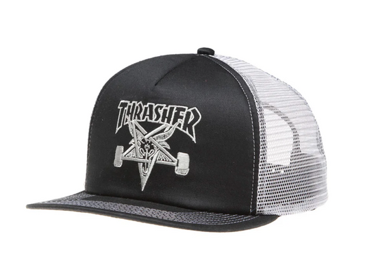 Black and white cap with Thrasher logo on a white background