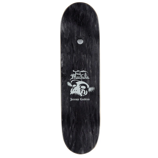 A skateboard deck shown from the underside, featuring a black wood-grain finish with a white graphic of a skull wearing a crown and the text 'Jersey Karts'.
