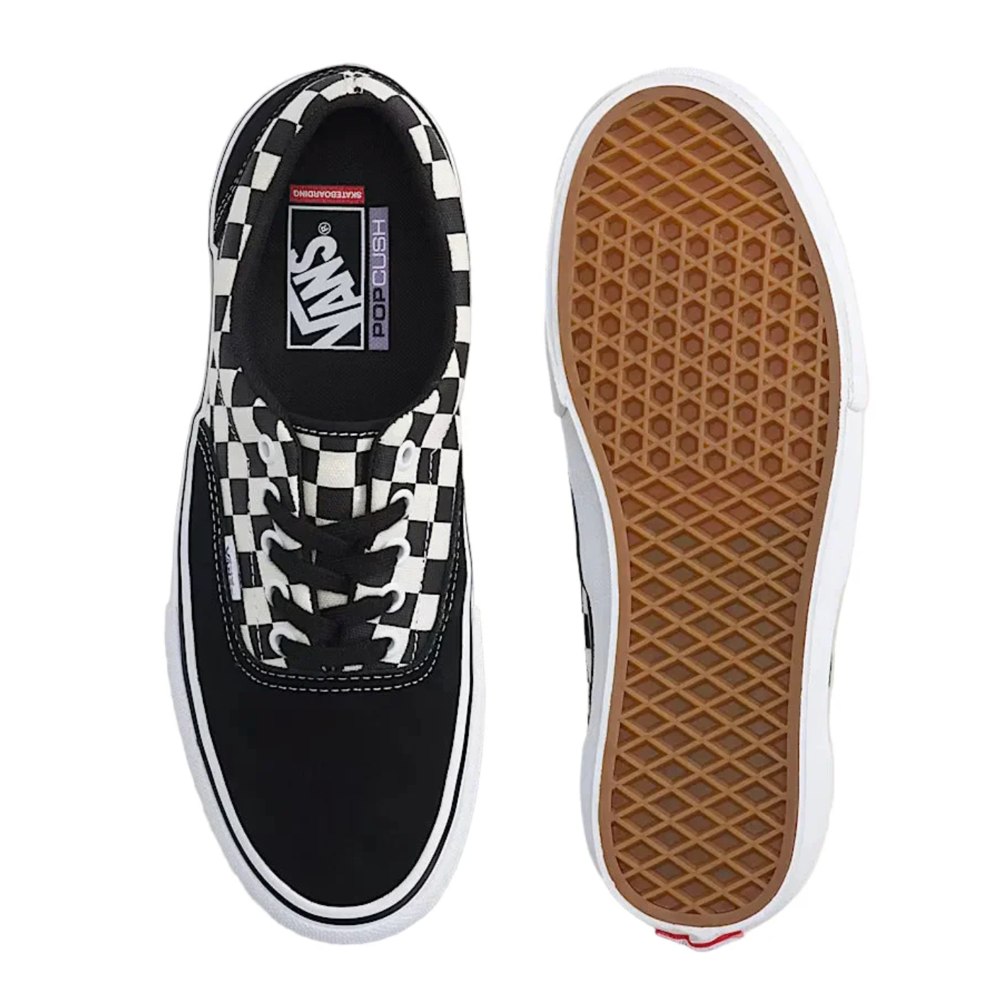 A pair of Vans Old Skool sneakers shown from the top and side views, featuring a black suede upper with a black and white checkerboard pattern, black laces, a white rubber sole, and a brown gum outsole.