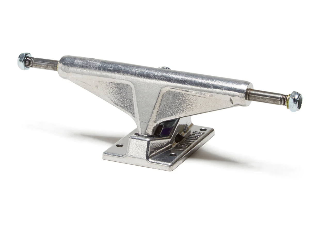 A single silver skateboard truck designed for mounting on a skateboard deck.
