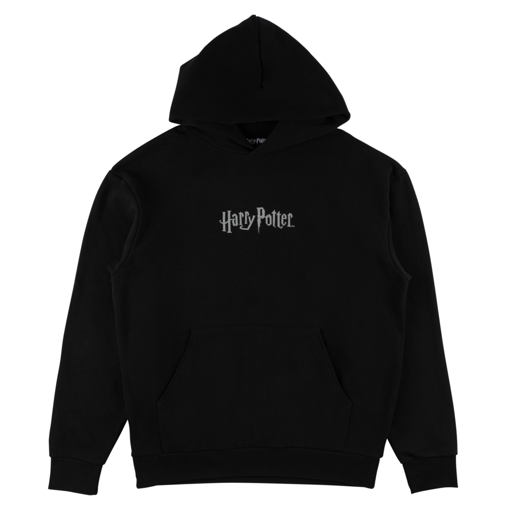 Black hoodie with 'Harry Potter' logo on a white background