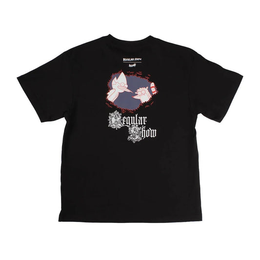 A black short-sleeve graphic t-shirt featuring a circular illustration of gothic text 'regular show' printed on the back.