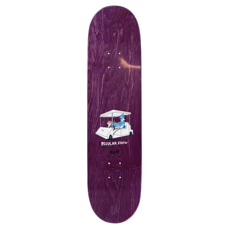 A purple wood-grain skateboard deck featuring a cartoon golf cart graphic with the text 'REGULAR SHOW' printed near the bottom.