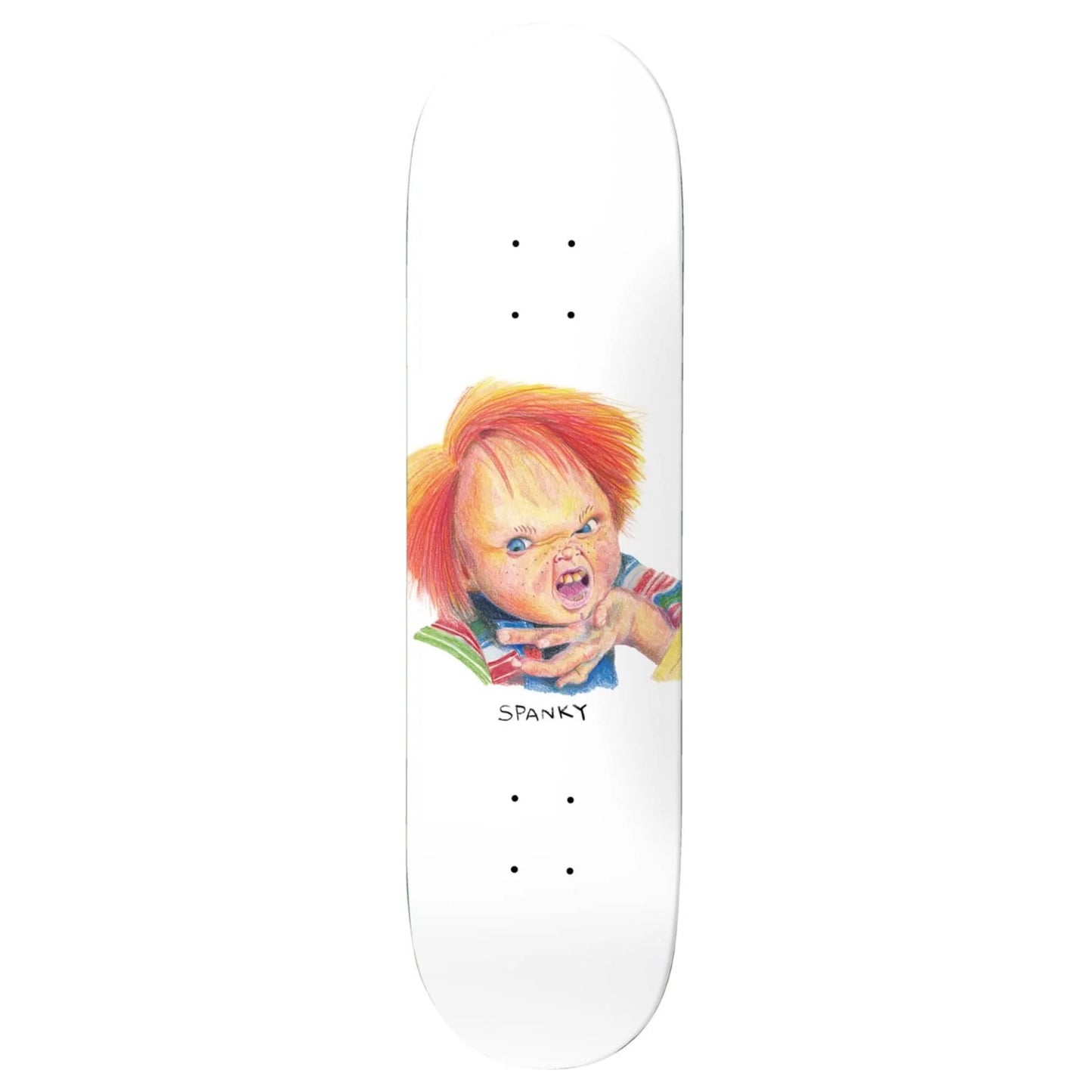 Skateboard deck with a graphic of a child with red hair and the word 'Spanky' on a white background