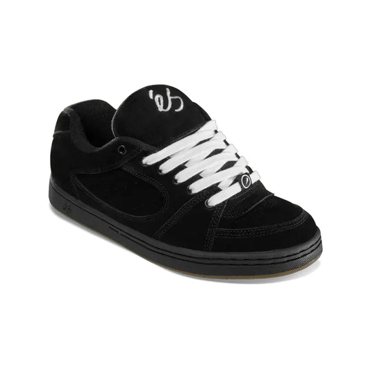 Black sneaker with white laces on a white background