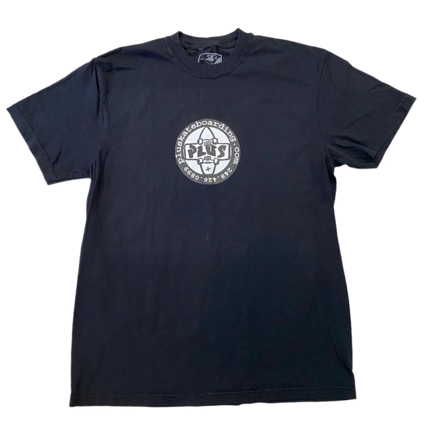 black tee with logo on white background