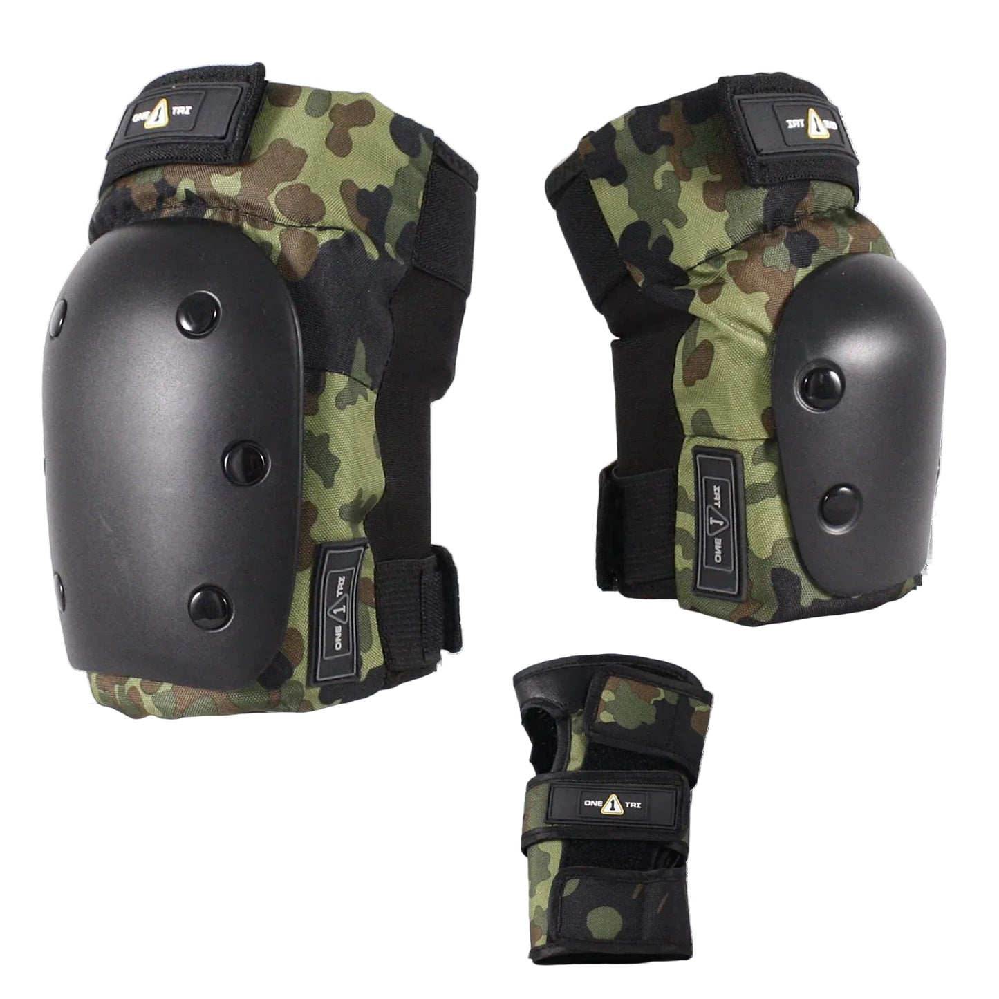 Three views of a set of knee and elbow pads with a green and brown camouflage pattern and black protective padding, shown on a white background.