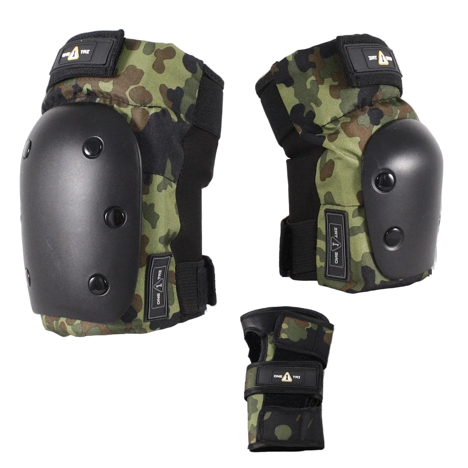 Three views of a set of knee and elbow pads with a green and brown camouflage pattern and black protective padding, shown on a white background.