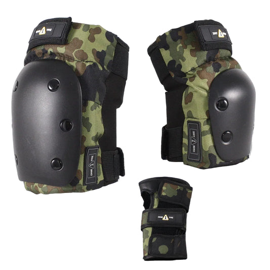 Three views of a set of knee and elbow pads with a green and brown camouflage pattern and black protective padding, shown on a white background.