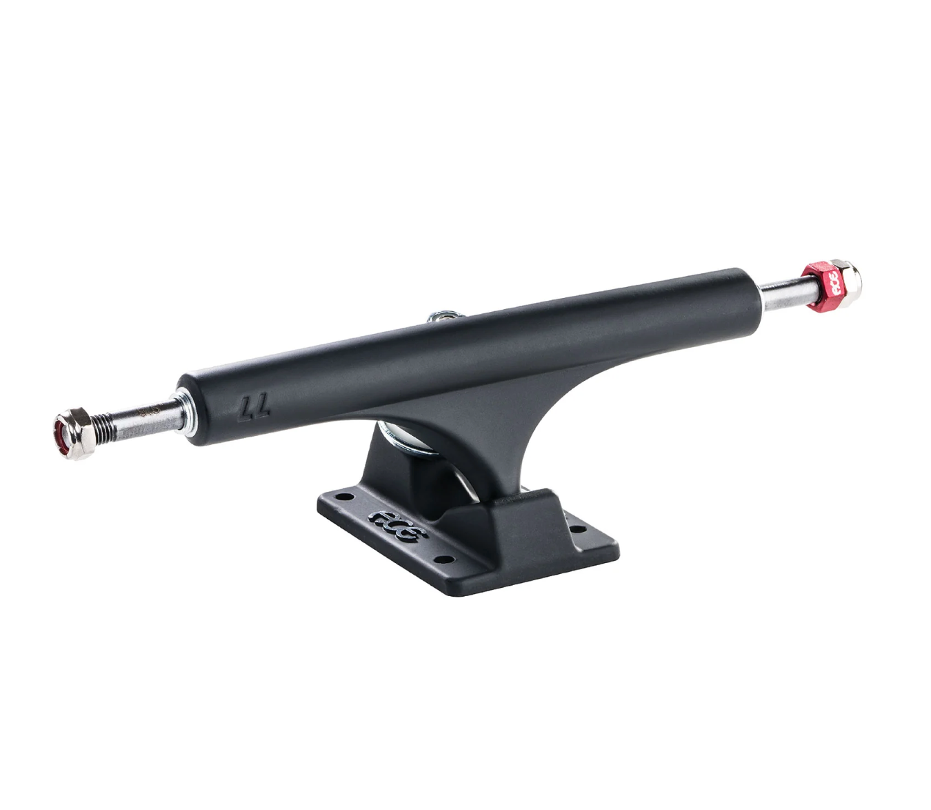 Black skateboard truck with red and silver hardware on a white background