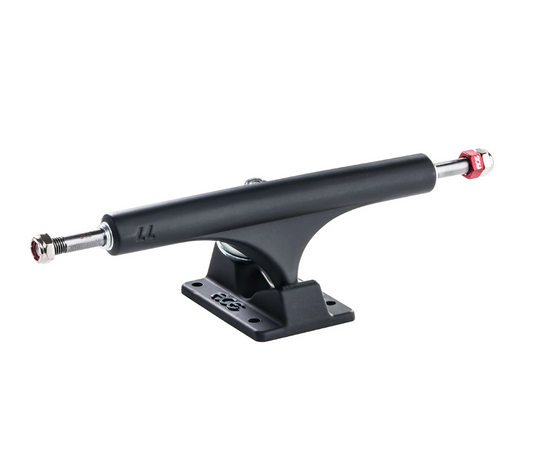 Black skateboard truck with red and silver hardware on a white background