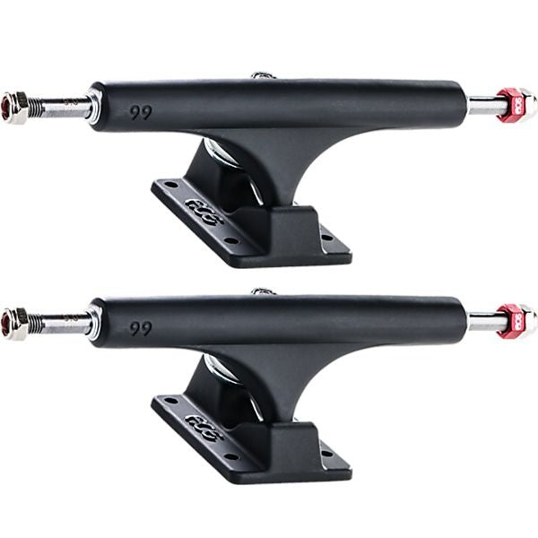 Two black skateboard trucks with red accents on a white background