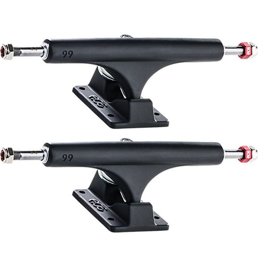 Two black skateboard trucks with red accents on a white background