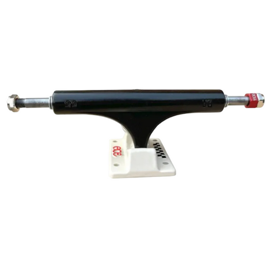 Black skateboard truck with red and white accents on a white background