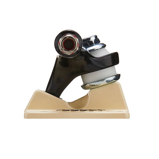 Beige and black mechanical component on a white background