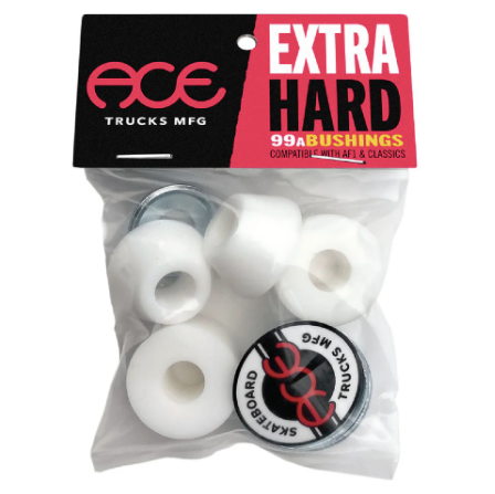 A packor white Ace Extra Hard skateboard bushings, with a black and pink Ace Trucks Mfg header card attached at the top.