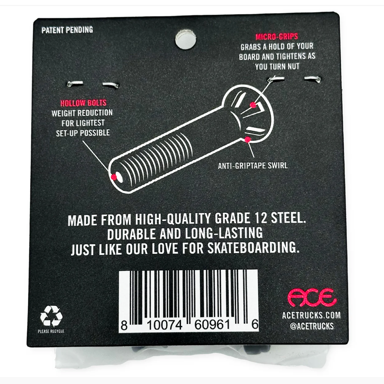 Product label with text and graphics on a black background