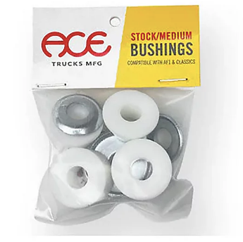 A package of ACE Trucks Mfg stock and medium bushings, containing four white rubber bushings and two silver metal washers, in a clear plastic bag with a white and yellow header card.