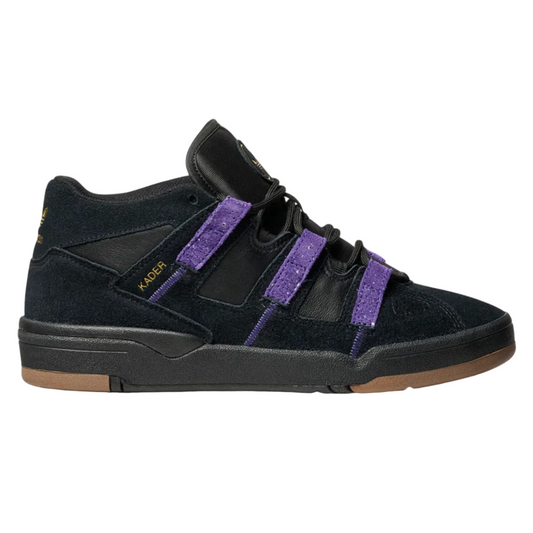 A black suede and synthetic leather high-top skate shoe with three wide purple hook-and-loop strap accents across the instep, gold 'MADES' branding on the side, and a brown gum outsole, shown against a plain white background.