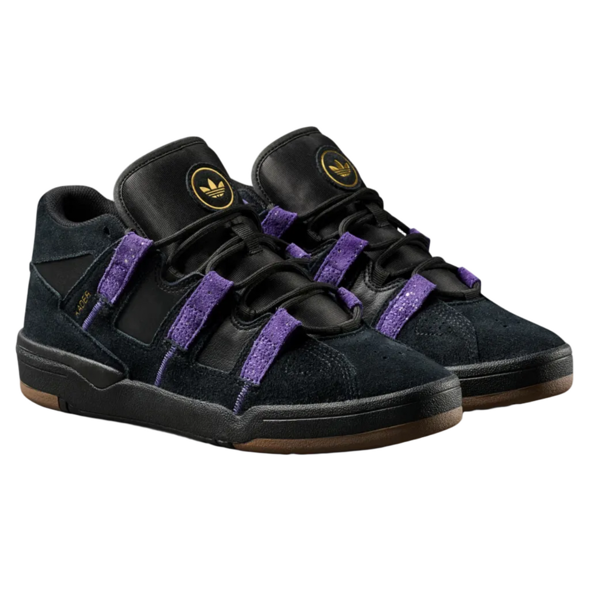 A pair of Adidas x Nike mid-top sneakers in black suede and leather with prominent purple textured straps and a gold logo on the tongue, set against a plain white background.