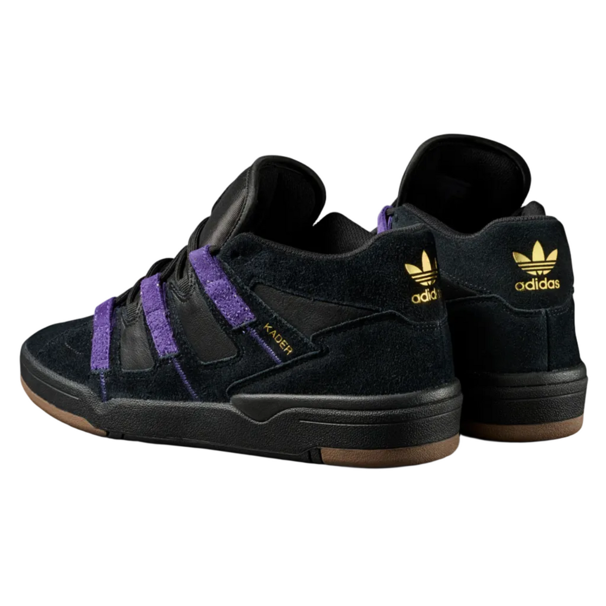 A pair of Adidas x Kaizen low-top sneakers in black suede and leather, featuring purple side stripes, gold logos, and brown gum soles, shown against a plain white background.