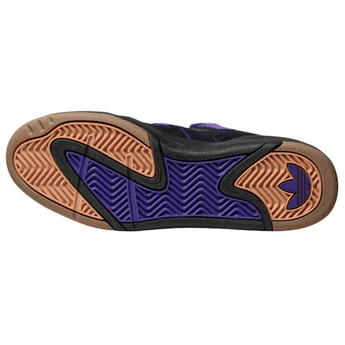 The outsole of an Adidas x Skateboarding shoe, showing a black and purple textured midsole with a brown gum outsole and a purple Adidas trefoil logo on the heel.
