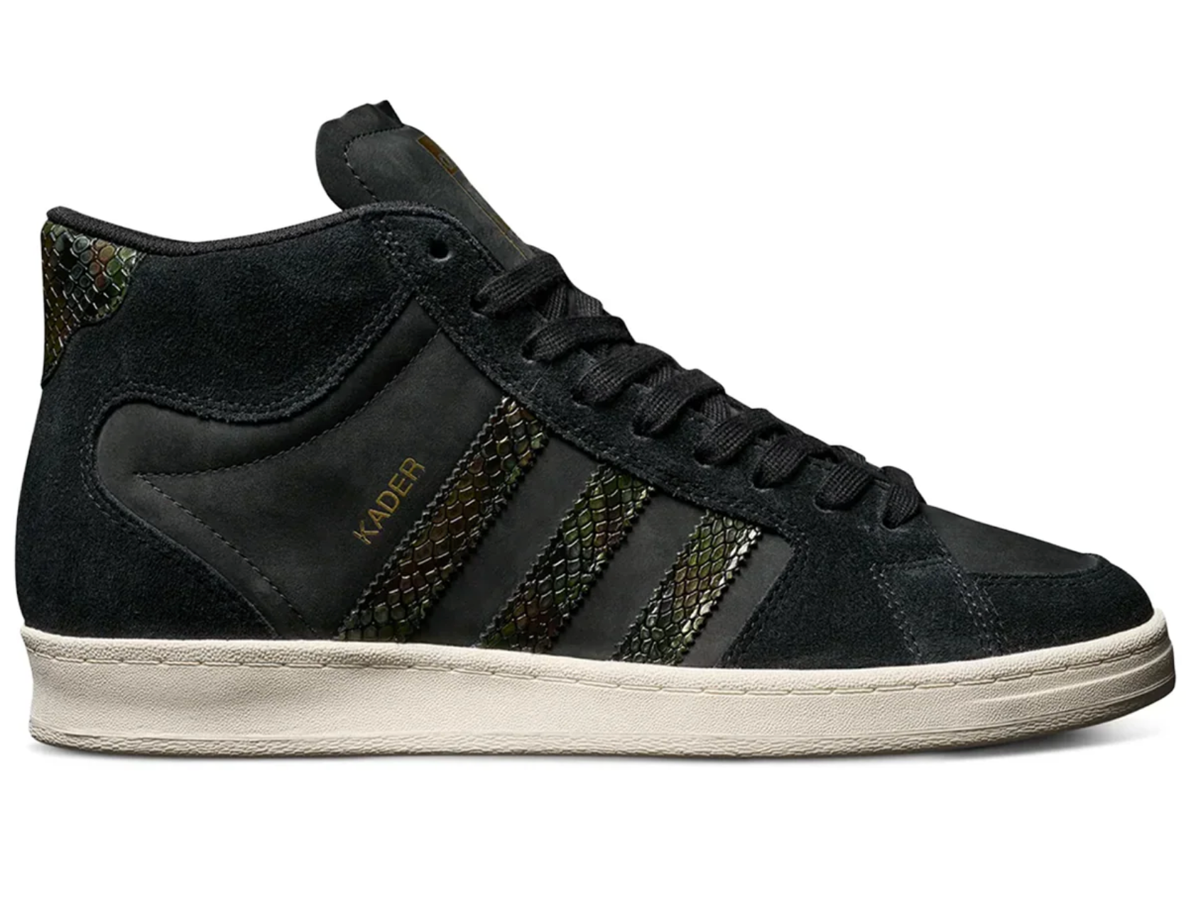 Black high-top sneaker with white sole on a white background