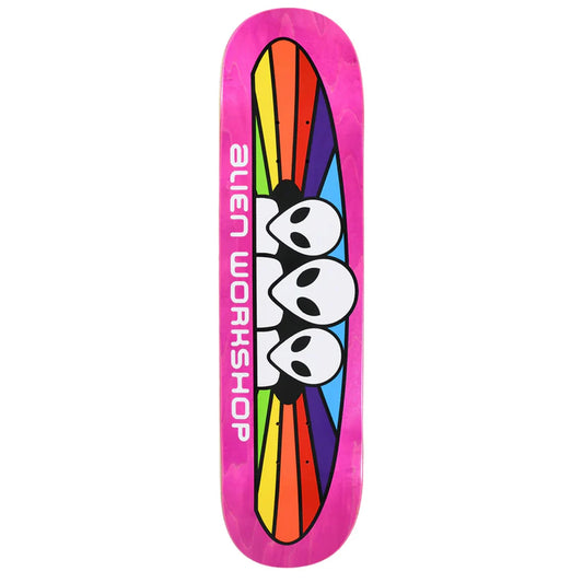 Skateboard deck with colorful design and 'Alien Workshop' branding on a white background