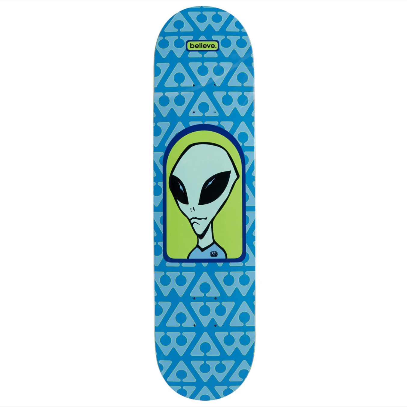 A skateboard deck featuring a blue and light blue geometric pattern background with a central graphic of a green alien head. The brand name 'Believe' is printed in a yellow box near the top.