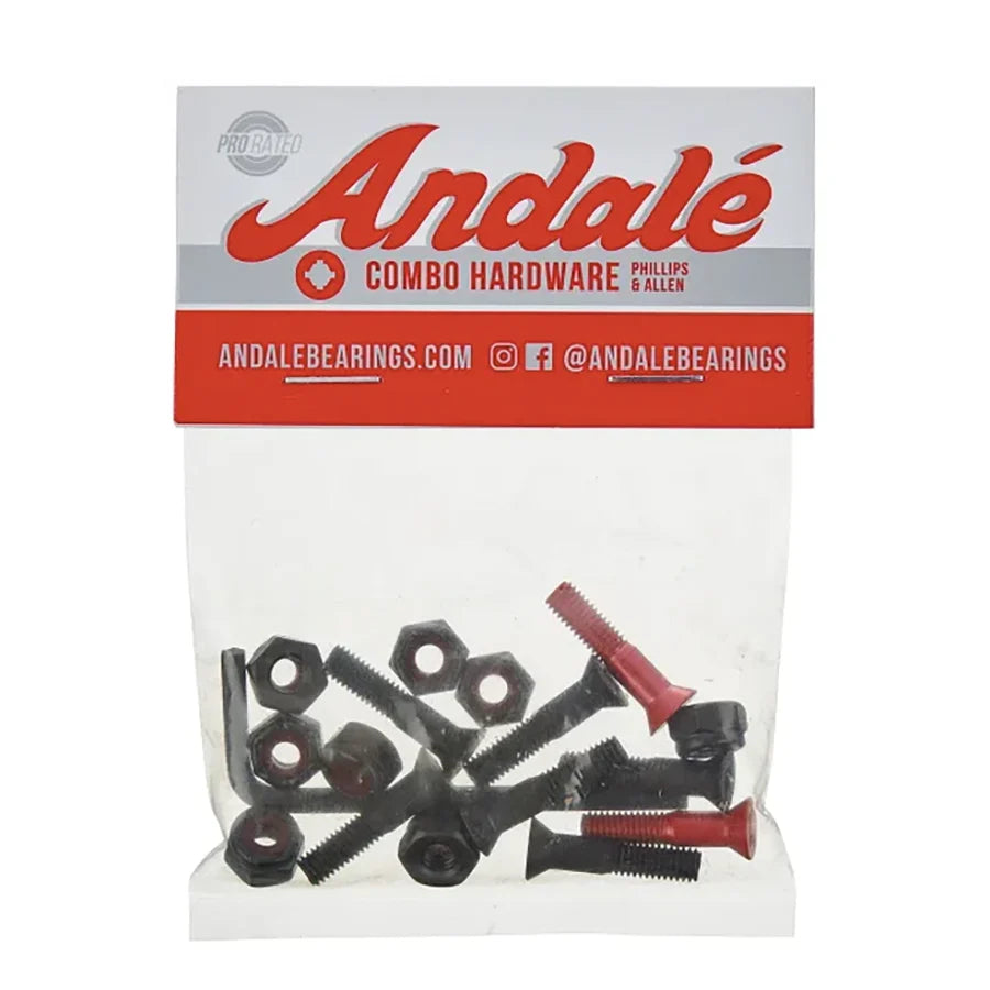 Andalé Combo Hardware Phillips & Allen set in a clear plastic bag with a white and red header card. The set contains black and red metal screws, nuts, and washers.