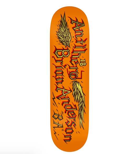 Skateboard deck with 'Brixton Anderson' branding and design on an orange background