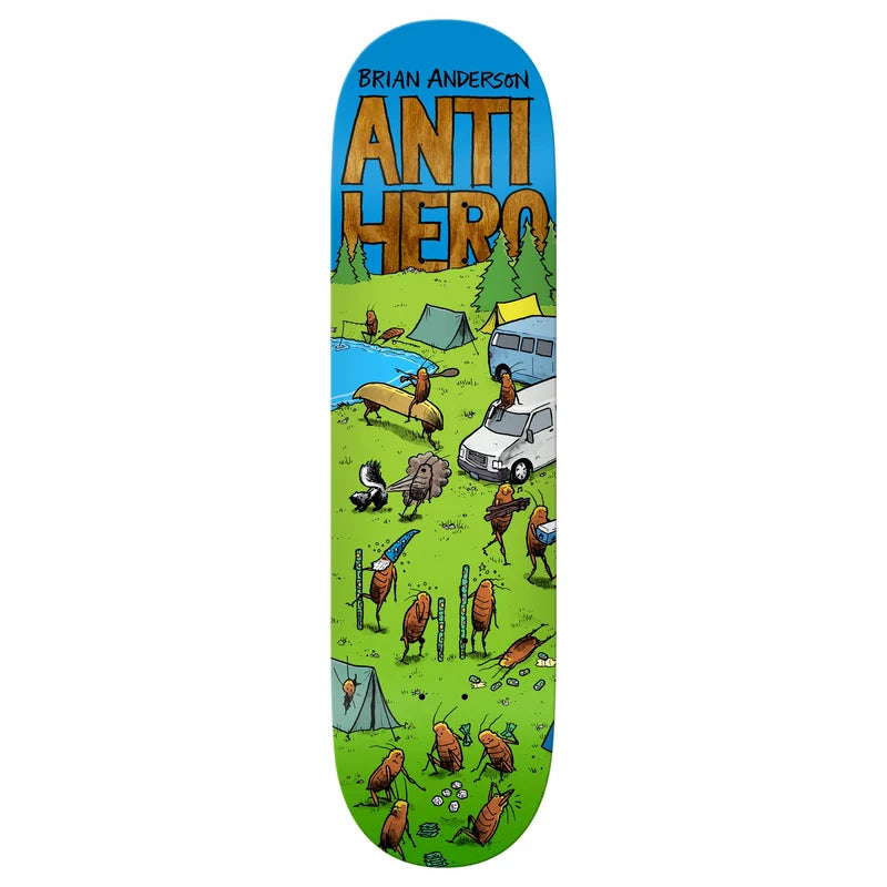 A skateboard deck featuring a colorful cartoon illustration of a camping scene with the text 'BRIAN ANDERSON' and 'ANTI HERO' on a blue background.