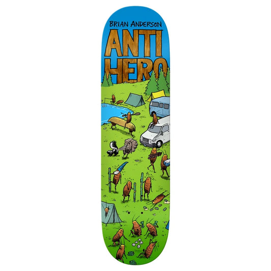 A skateboard deck featuring a colorful cartoon illustration of a camping scene with the text 'BRIAN ANDERSON' and 'ANTI HERO' on a blue background.