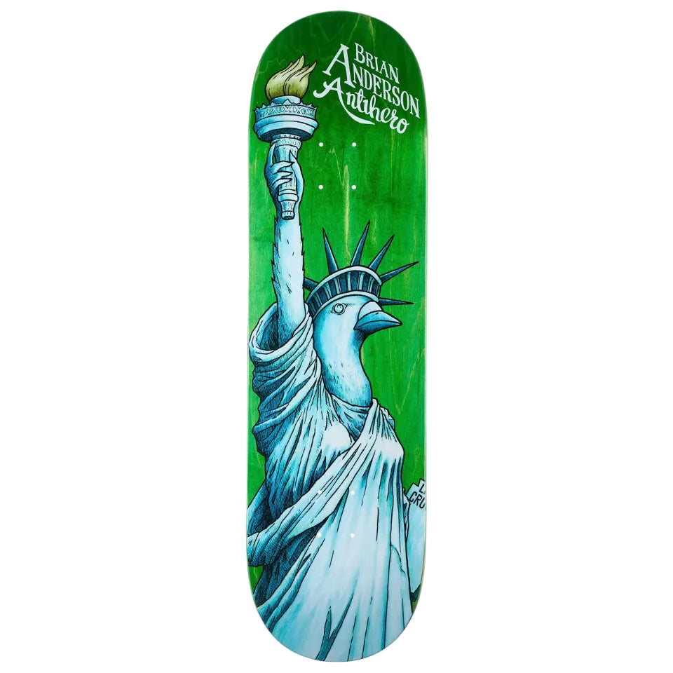 Skateboard deck with a design of the Statue of Liberty on a green background