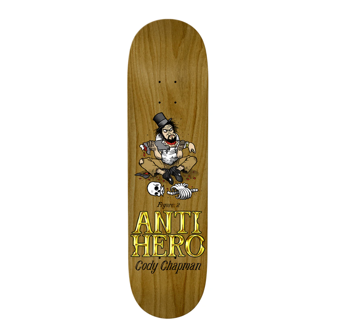 Skateboard deck with a graphic of a person and 'Anti Hero' branding on a wooden background