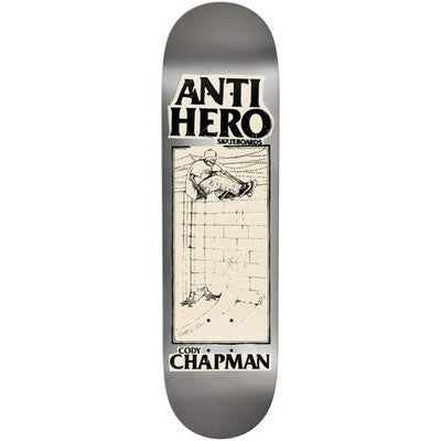 An Anti Hero brand skateboard deck featuring a silver metallic background with a central cream-colored graphic panel containing a black sketch of a skateboarder and the text 'Cody Chapman'.