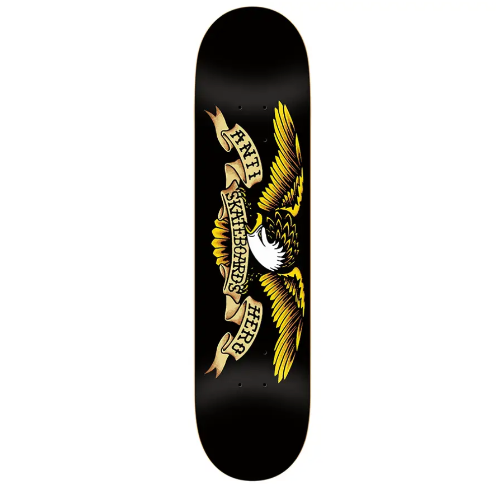 Skateboard deck with yellow eagle design and text on a black background