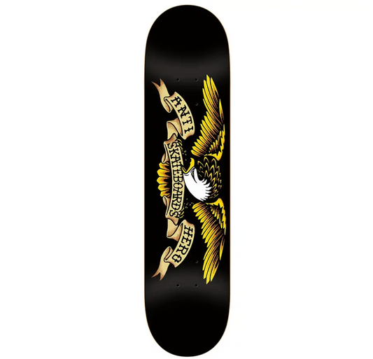 Skateboard deck with yellow eagle design and text on a black background