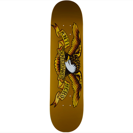 Skateboard deck with an eagle design on a brown background