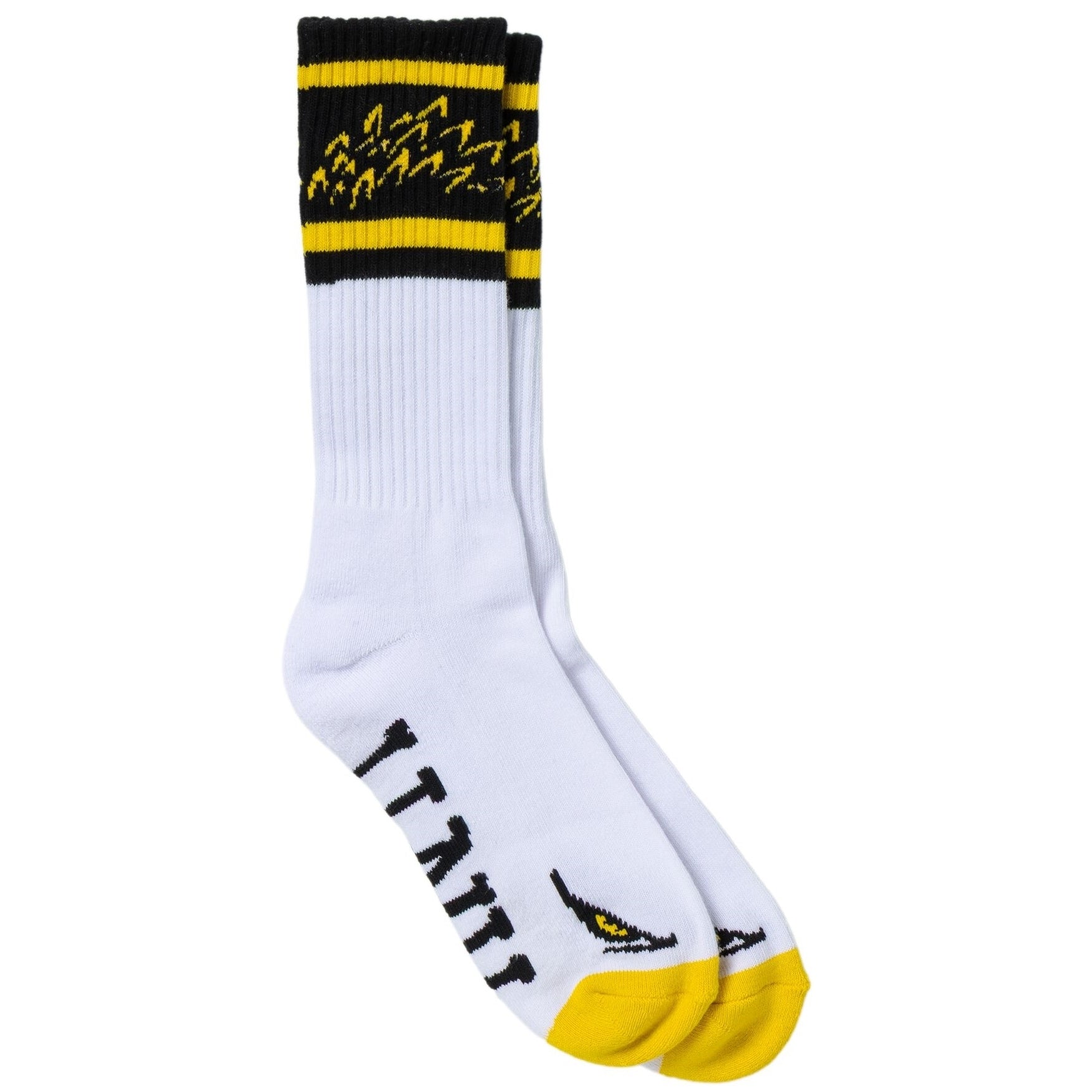 White Socks with yellow toe and eagle eyes. The calf has black and yellow stripes with eagle feathers.
